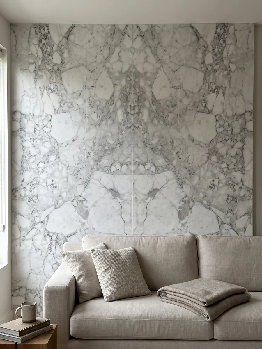 Pared de sala revestida con placas de mármol blanco Arabescato Vagli abiertas en libro detrás de un sofá: fragmentos blancos rodeados de vetas gris suave, con una zona central más gris