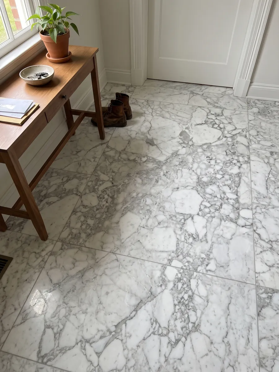 Piso de recibidor en placas grandes de mármol blanco Arabescato Vagli con luz natural: fragmentos blancos rodeados de vetas gris suave, con una zona central más gris