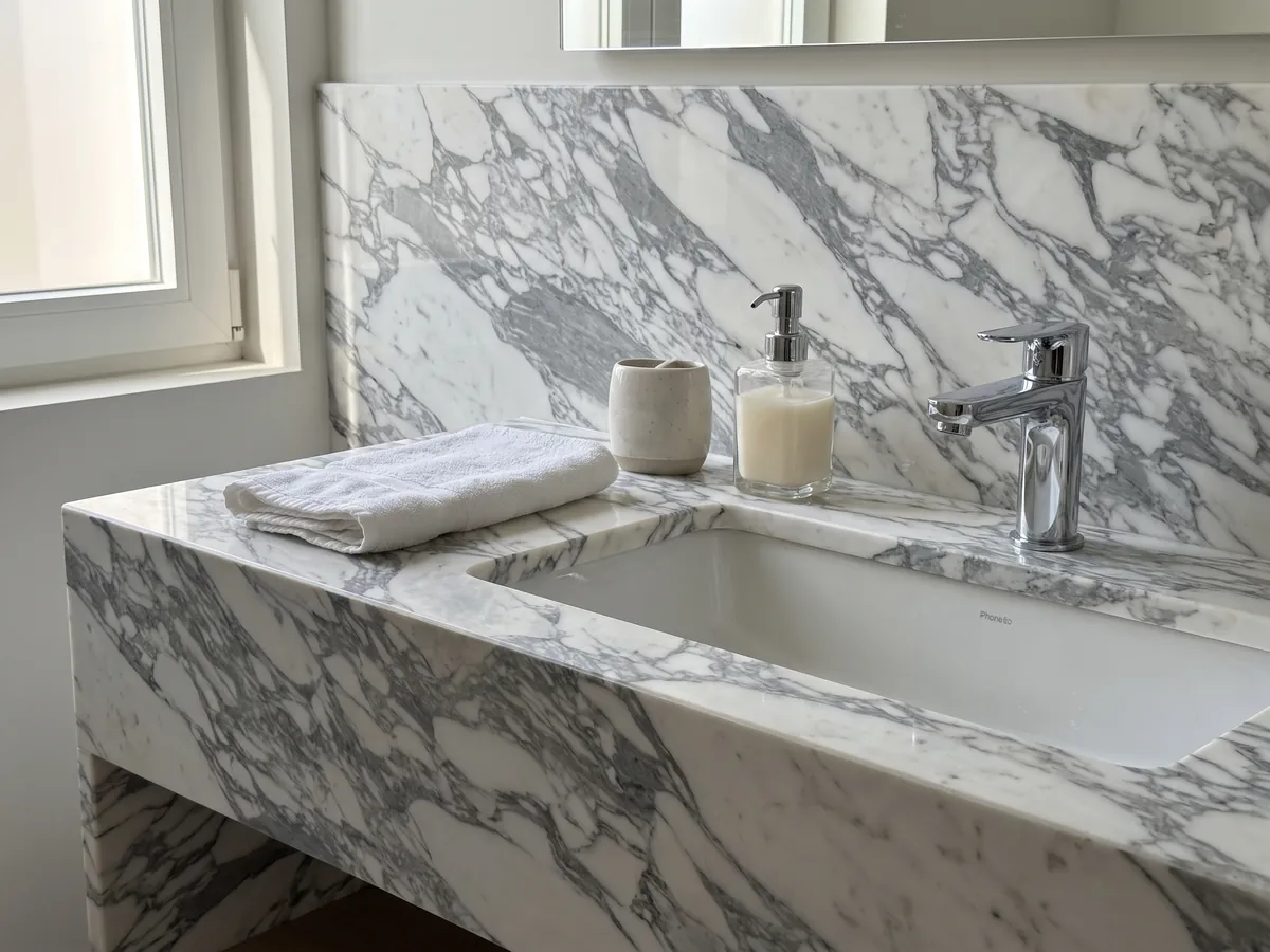 Cubierta de lavabo y pared de baño en mármol blanco Arabesque con lavamanos blanco y grifería cromada: fragmentos blancos alargados envueltos en vetas grises gruesas en diagonal