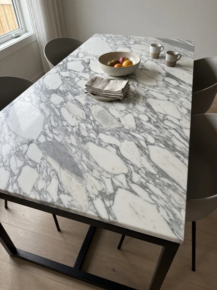 Mesa de comedor con cubierta de mármol blanco Arabesque sobre base de acero: fragmentos blancos alargados envueltos en vetas grises gruesas en diagonal