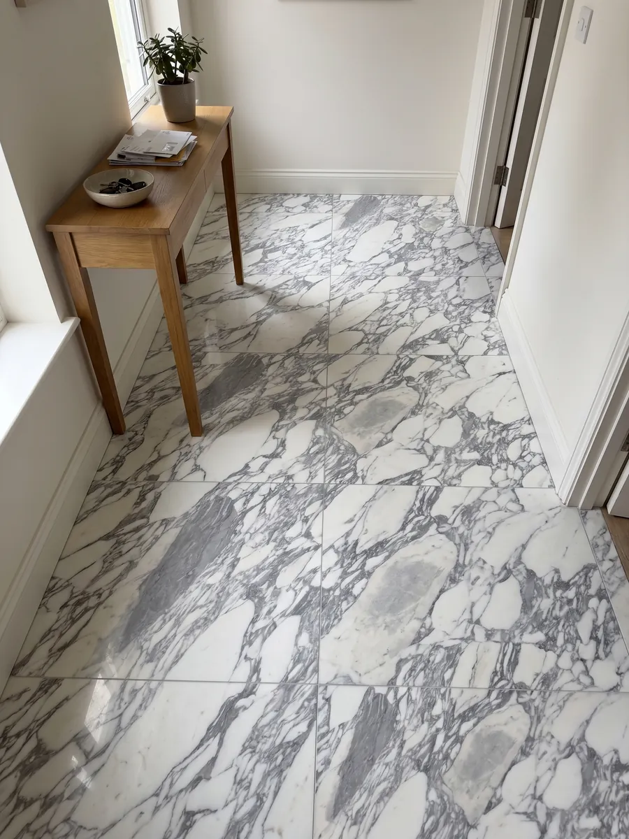 Piso de recibidor en placas grandes de mármol blanco Arabesque con luz natural: fragmentos blancos alargados envueltos en vetas grises gruesas en diagonal