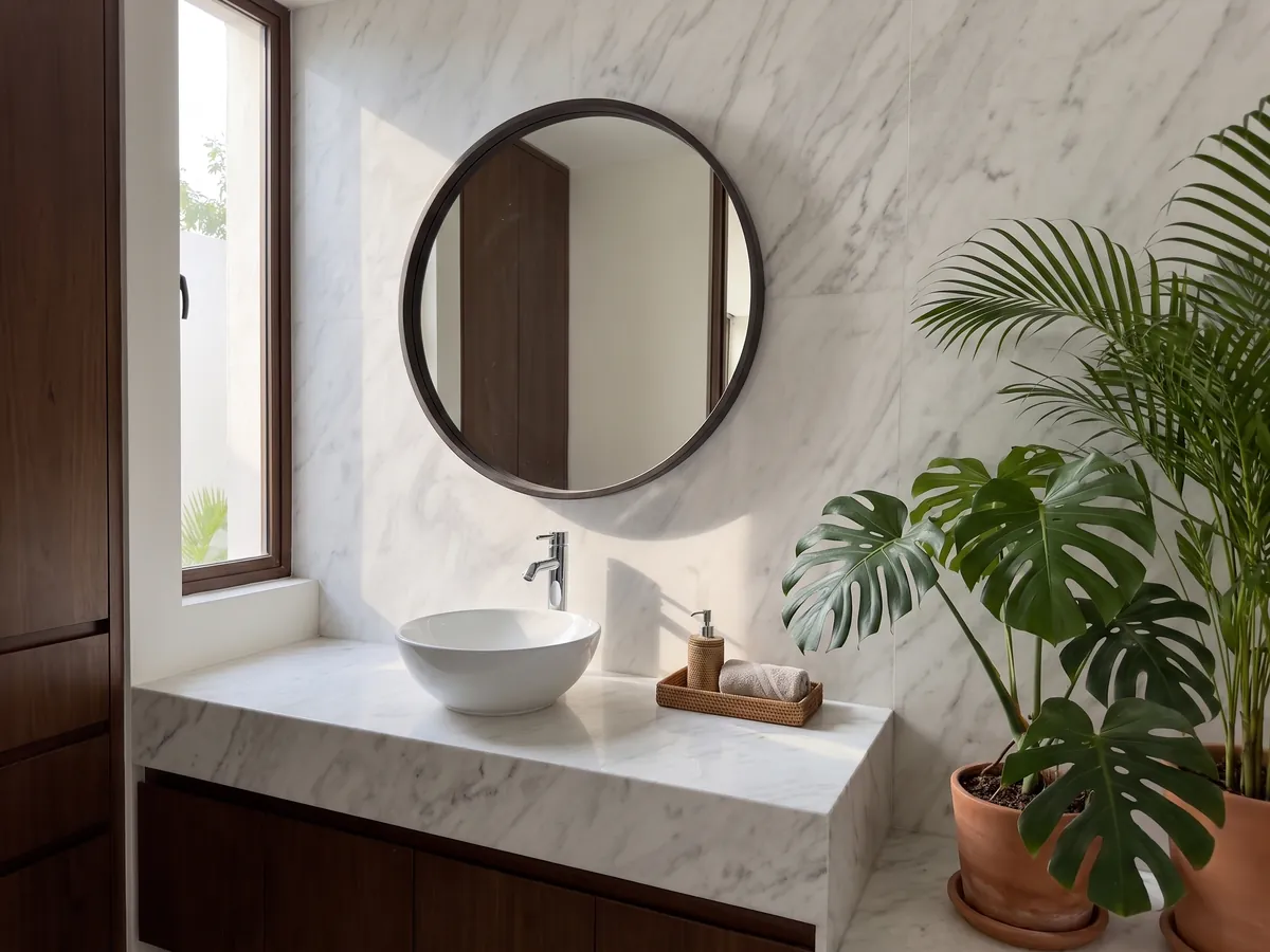 Cubierta de lavabo y pared de baño en Mármol Blanco Bego con lavamanos blanco y grifería cromada: blanco con un veteado gris claro suave