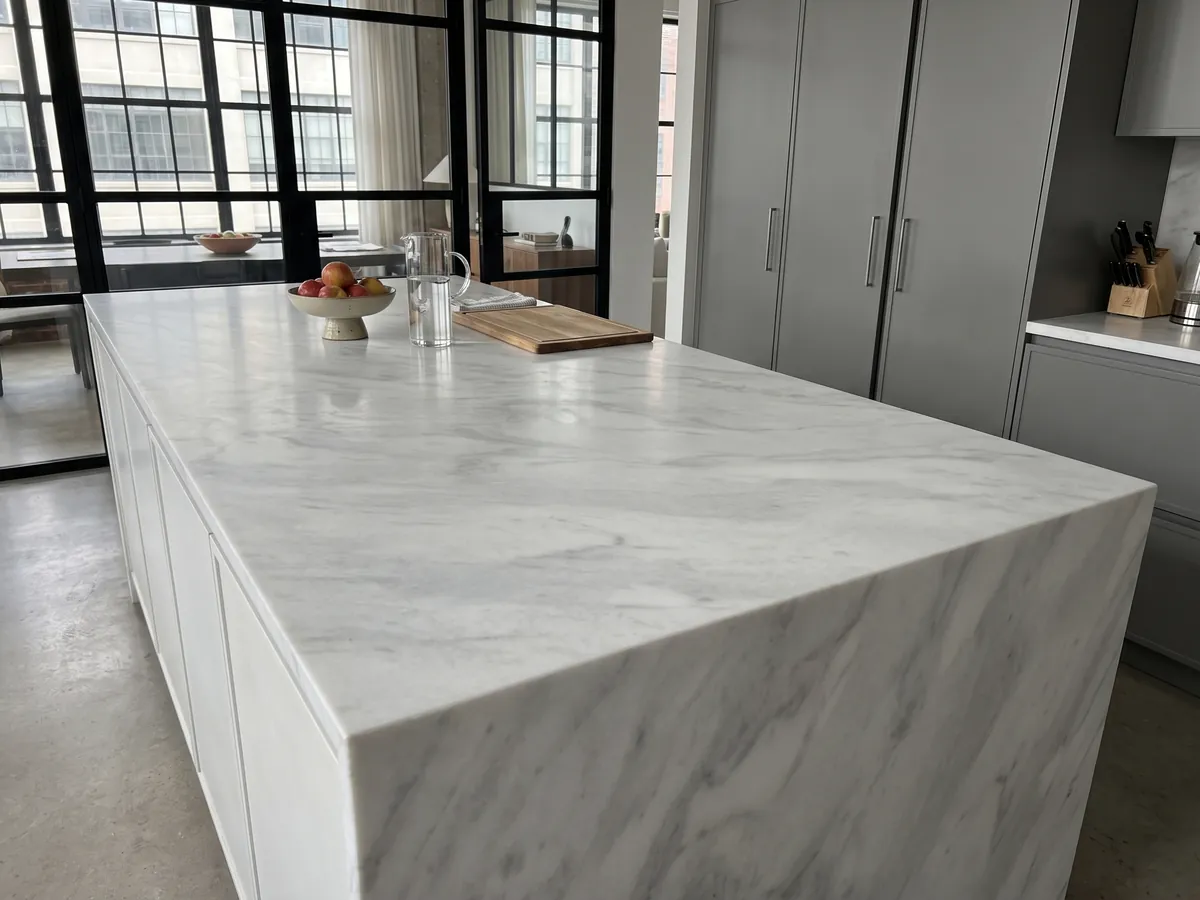 Isla de cocina con cubierta de Mármol Blanco Bego y canto recto en una cocina con luz natural: blanco con un veteado gris claro suave