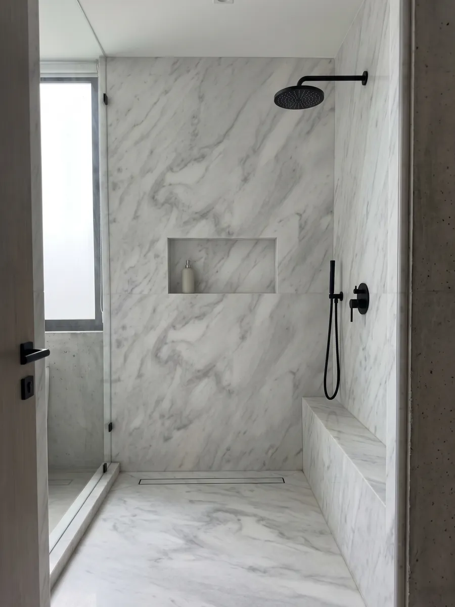 Ducha revestida con placas enteras de Mármol Blanco Bego con nicho empotrado: blanco con un veteado gris claro suave