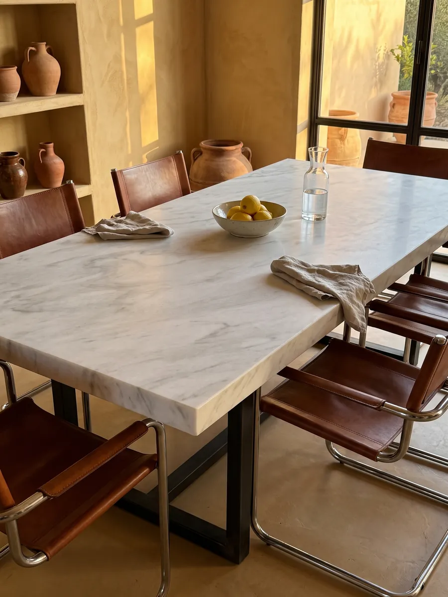 Mesa de comedor con cubierta de Mármol Blanco Bego sobre base de acero: blanco con un veteado gris claro suave