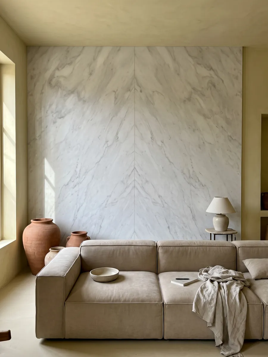 Pared de sala revestida con placas de Mármol Blanco Bego abiertas en libro detrás de un sofá: blanco con un veteado gris claro suave