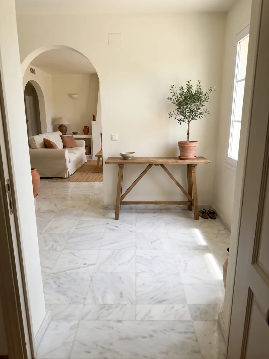 Piso de recibidor en placas grandes de Mármol Blanco Bego con luz natural: blanco con un veteado gris claro suave