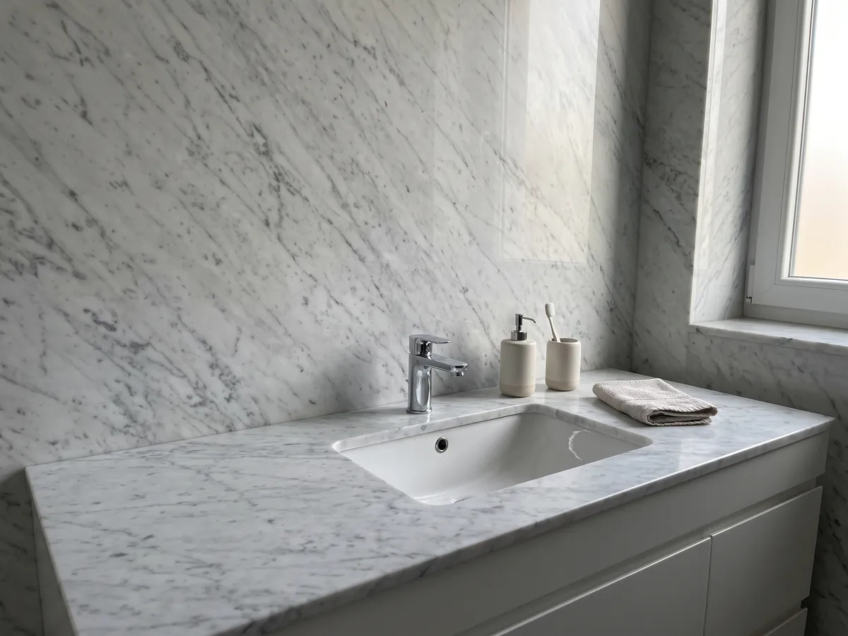 Cubierta de lavabo y pared de baño en mármol blanco Bianco Carrara C Extra con lavamanos blanco y grifería cromada: blanco con vetas grises finas y suaves en diagonal sobre toda la placa