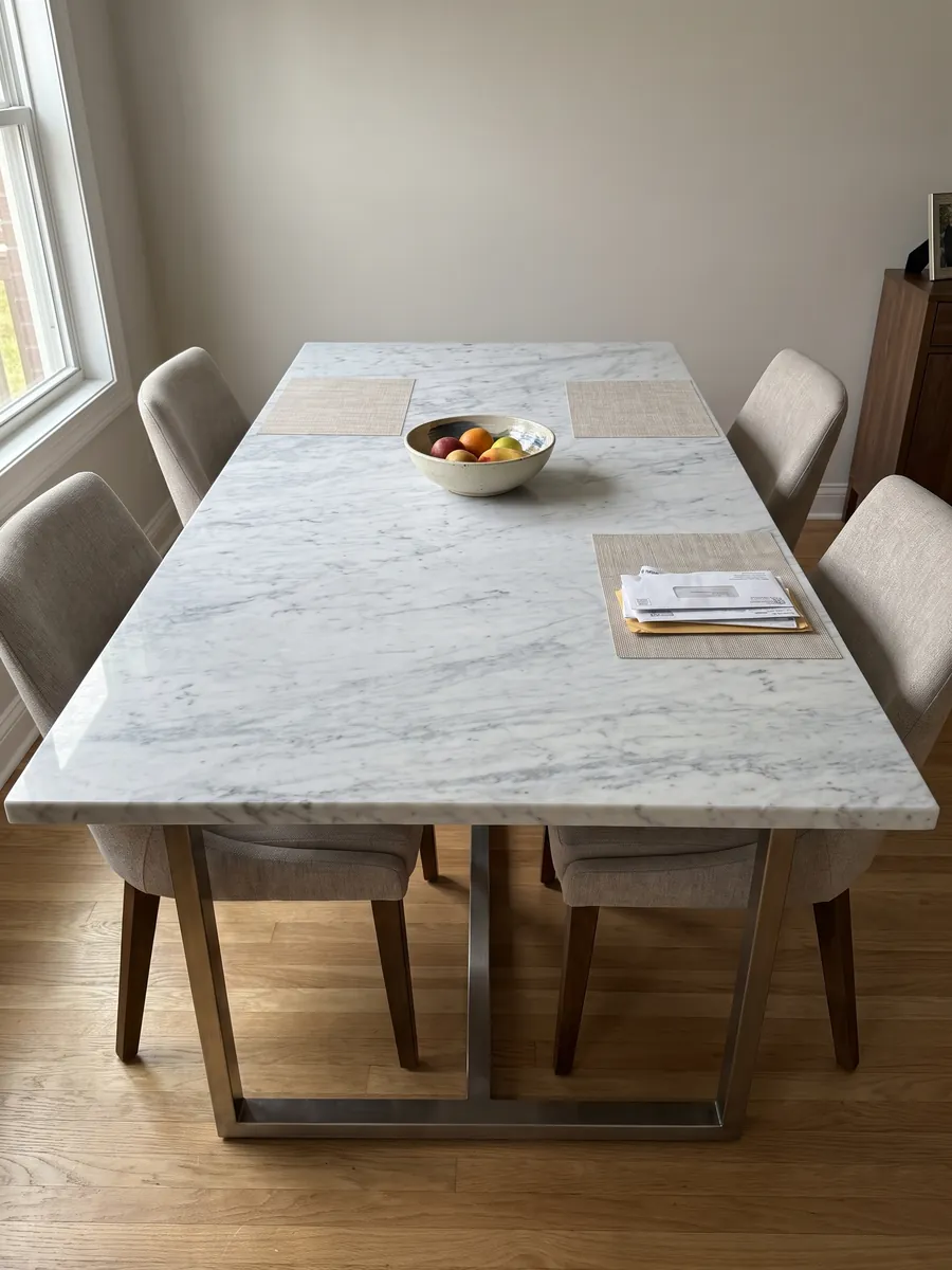 Mesa de comedor con cubierta de mármol blanco Bianco Carrara C Extra sobre base de acero: blanco con vetas grises finas y suaves en diagonal sobre toda la placa