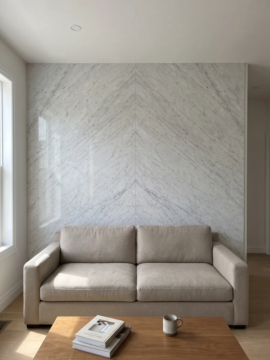 Pared de sala revestida con placas de mármol blanco Bianco Carrara C Extra abiertas en libro detrás de un sofá: blanco con vetas grises finas y suaves en diagonal sobre toda la placa