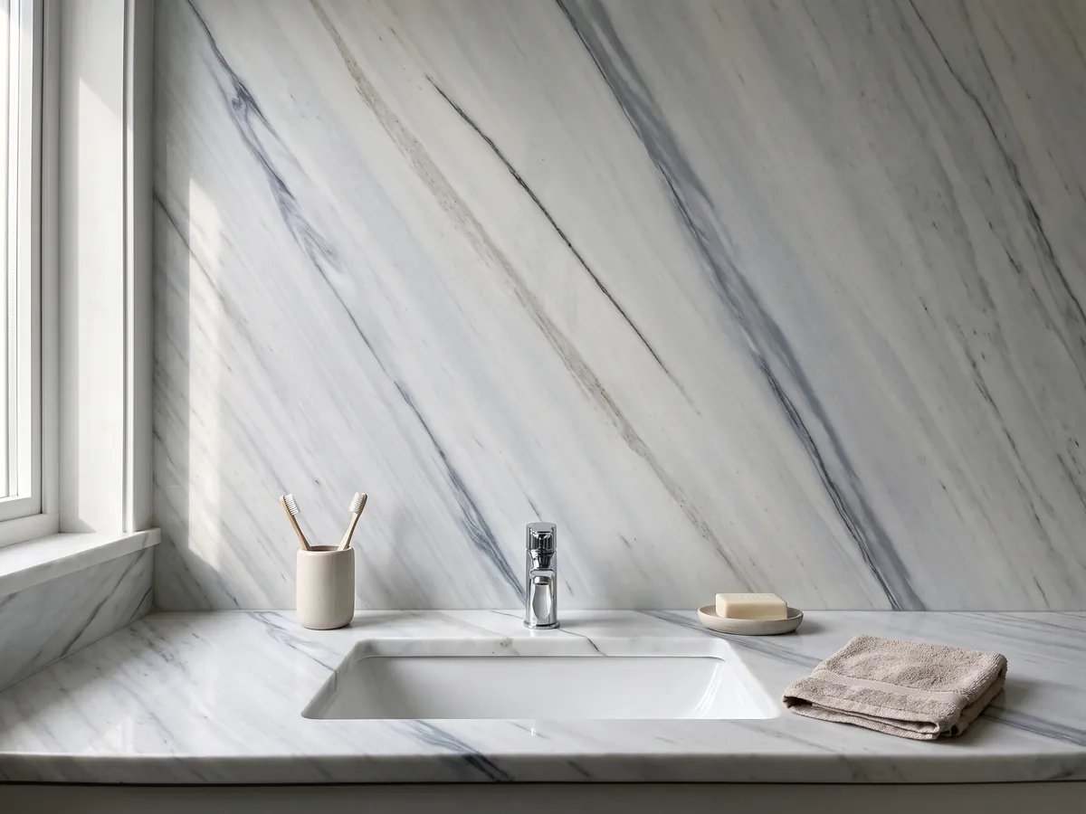 Cubierta de lavabo y pared de baño en mármol blanco Bianco Covelano con lavamanos blanco y grifería cromada: vetas rectas gris azulado en diagonal y paralelas sobre blanco