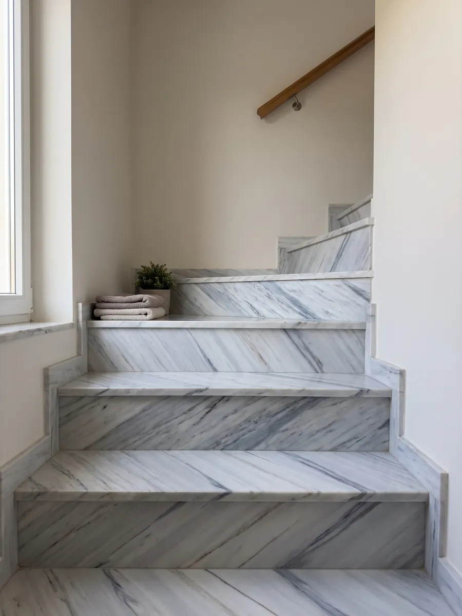 Escalera interior con peldaños de mármol blanco Bianco Covelano con pasamanos: vetas rectas gris azulado en diagonal y paralelas sobre blanco