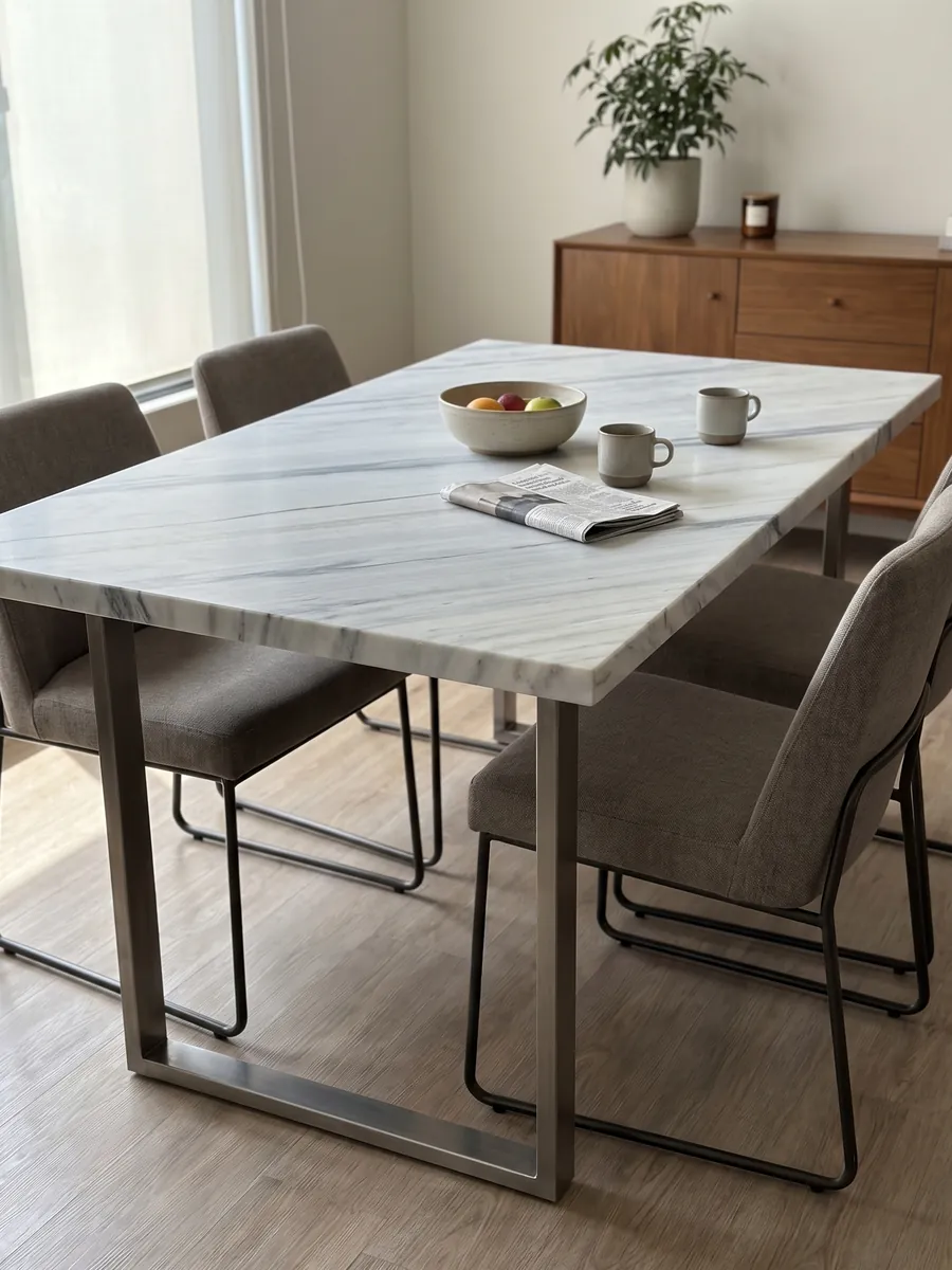 Mesa de comedor con cubierta de mármol blanco Bianco Covelano sobre base de acero: vetas rectas gris azulado en diagonal y paralelas sobre blanco