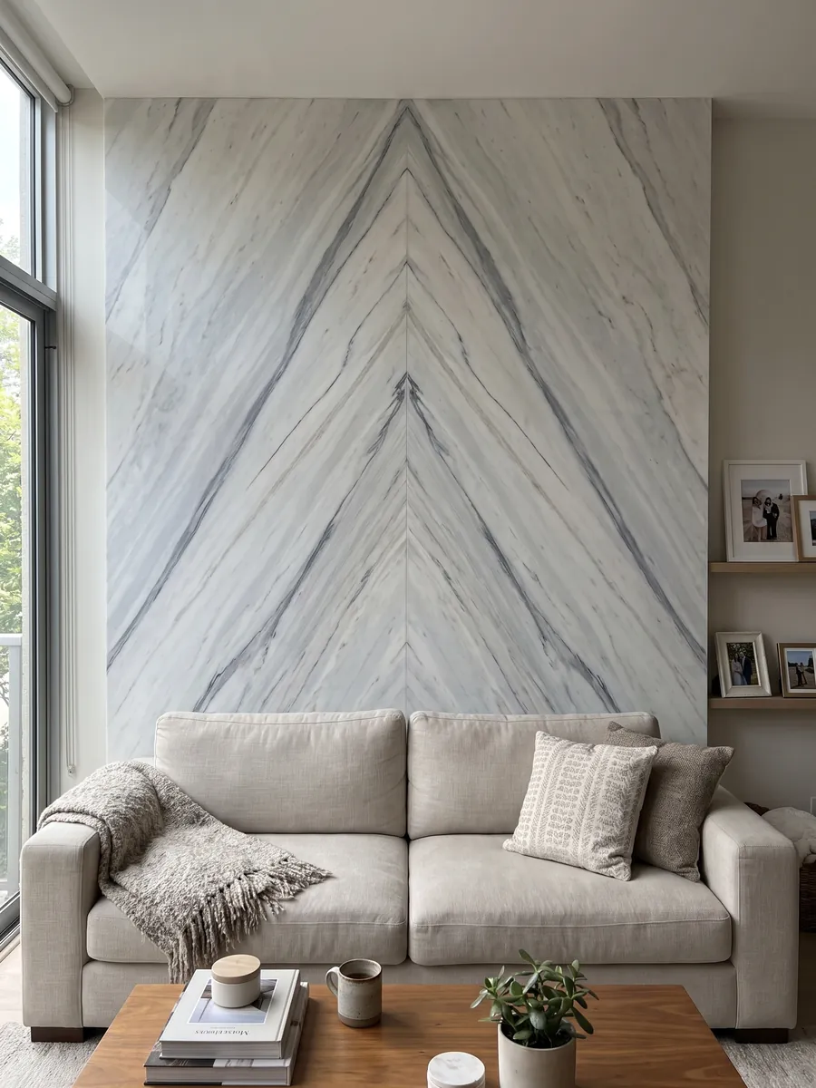Pared de sala revestida con placas de mármol blanco Bianco Covelano abiertas en libro detrás de un sofá: vetas rectas gris azulado en diagonal y paralelas sobre blanco