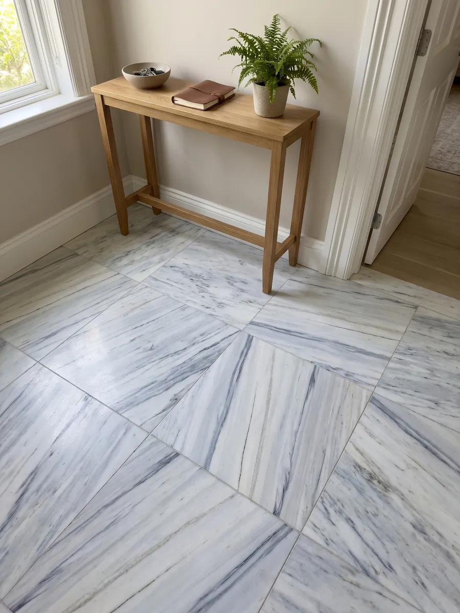 Piso de recibidor en placas grandes de mármol blanco Bianco Covelano con luz natural: vetas rectas gris azulado en diagonal y paralelas sobre blanco