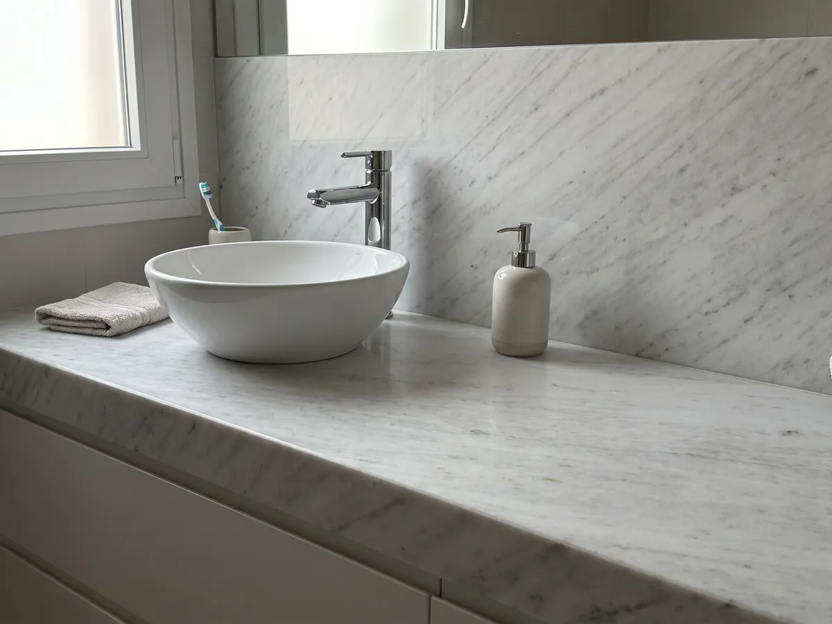 Cubierta de lavabo y pared de baño en Mármol Blanco Brasile con lavamanos blanco y grifería cromada: blanco frío casi liso con líneas grises tenues en diagonal