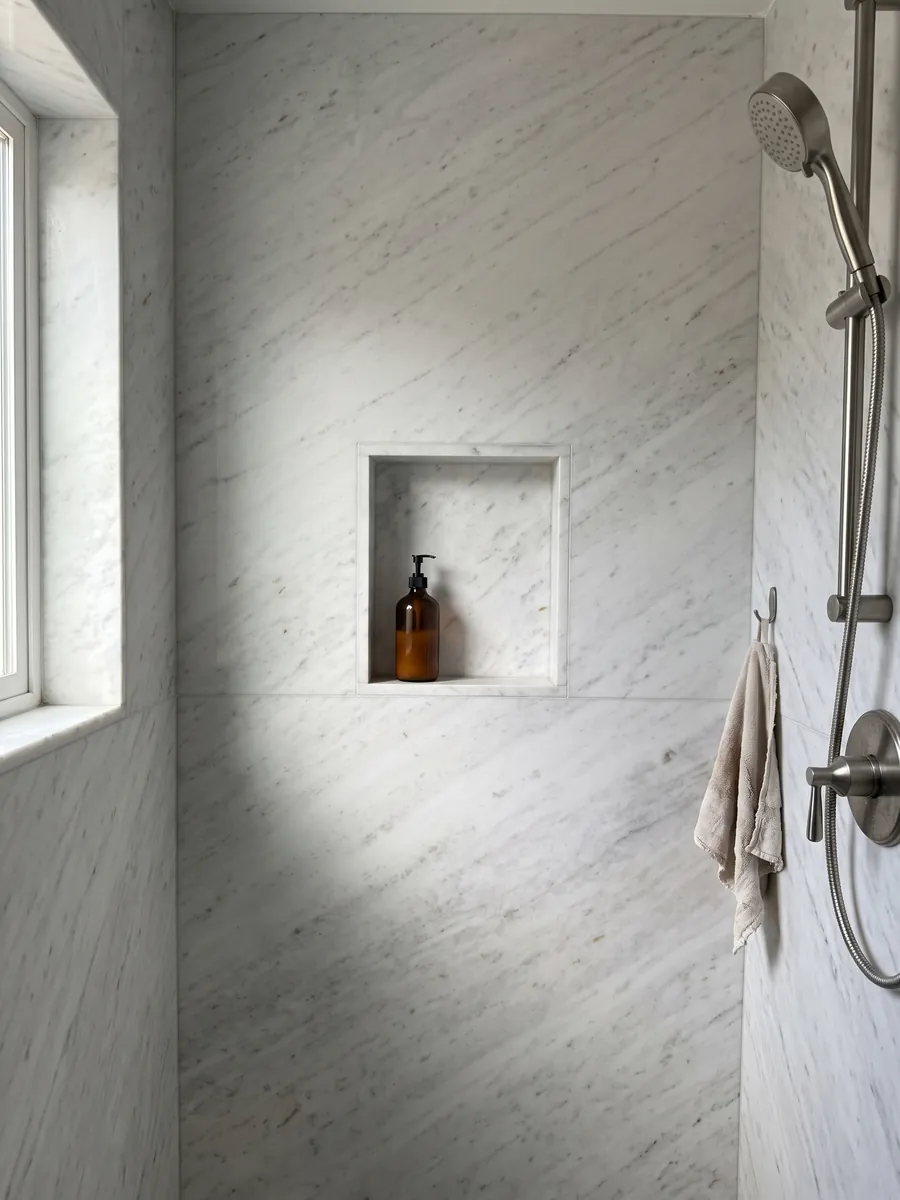 Ducha revestida con placas enteras de Mármol Blanco Brasile con nicho empotrado: blanco frío casi liso con líneas grises tenues en diagonal