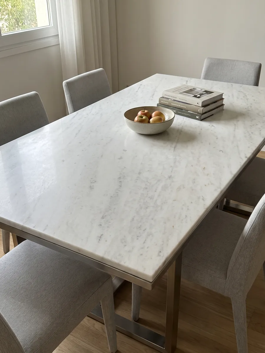 Mesa de comedor con cubierta de Mármol Blanco Brasile sobre base de acero: blanco frío casi liso con líneas grises tenues en diagonal