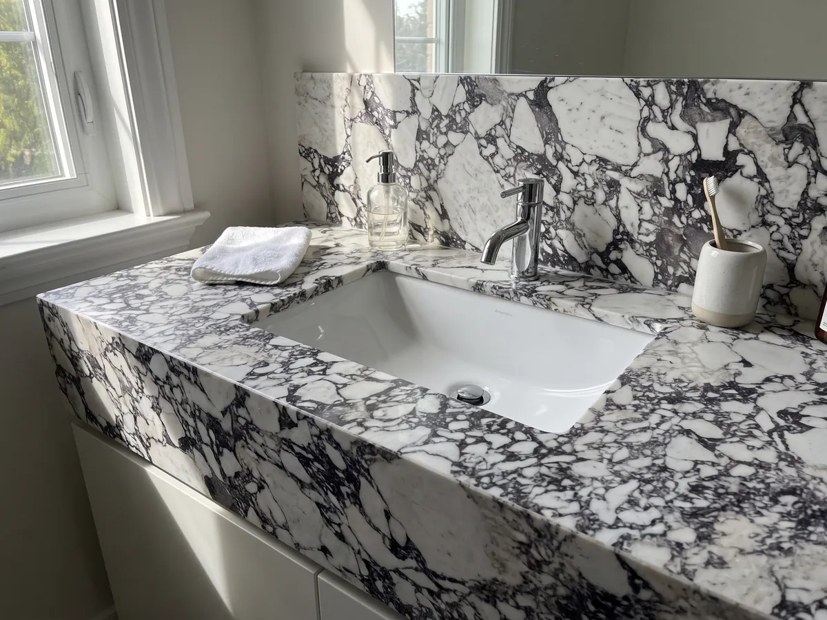 Cubierta de lavabo y pared de baño en mármol blanco Breccia Capraia con lavamanos blanco y grifería cromada: fragmentos blancos rodeados de una red densa gris oscura con matices violáceos