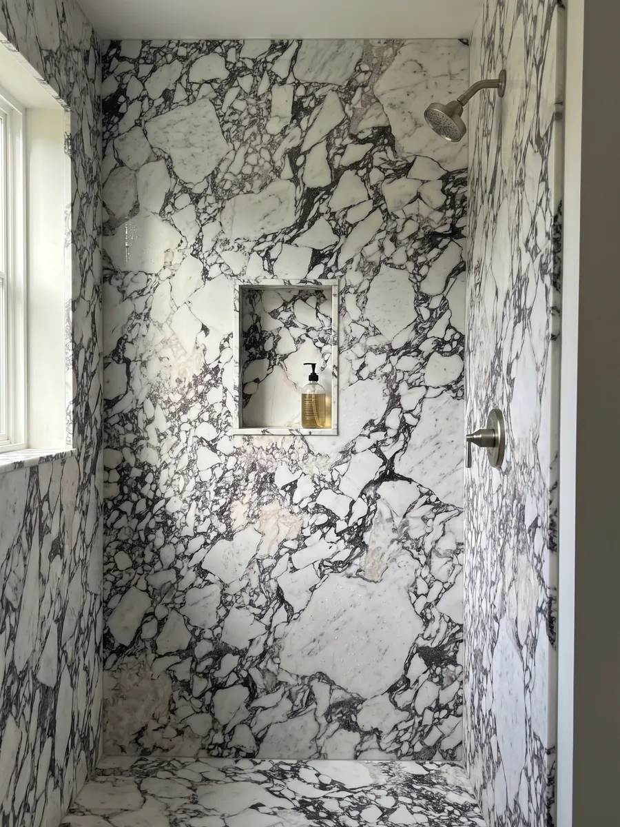 Ducha revestida con placas enteras de mármol blanco Breccia Capraia con nicho empotrado: fragmentos blancos rodeados de una red densa gris oscura con matices violáceos