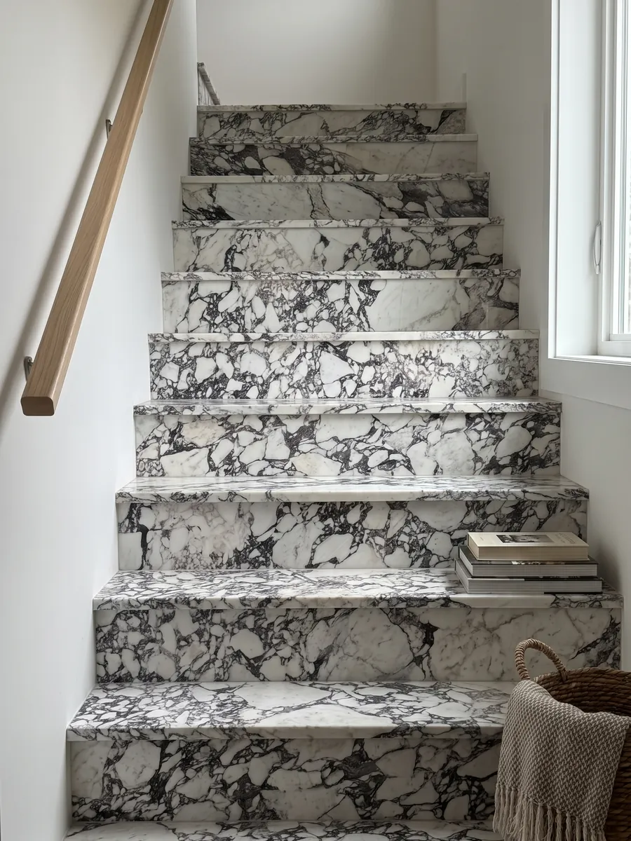 Escalera interior con peldaños de mármol blanco Breccia Capraia con pasamanos: fragmentos blancos rodeados de una red densa gris oscura con matices violáceos