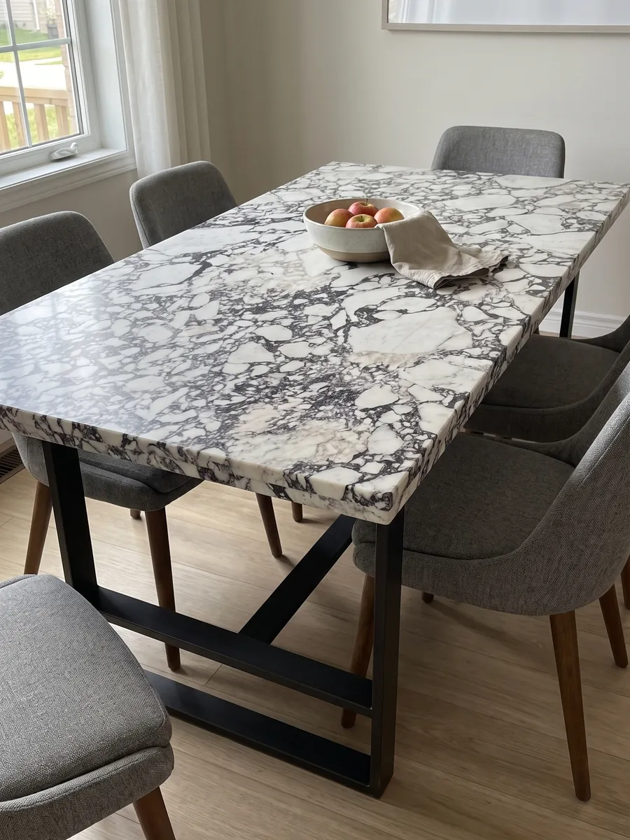 Mesa de comedor con cubierta de mármol blanco Breccia Capraia sobre base de acero: fragmentos blancos rodeados de una red densa gris oscura con matices violáceos
