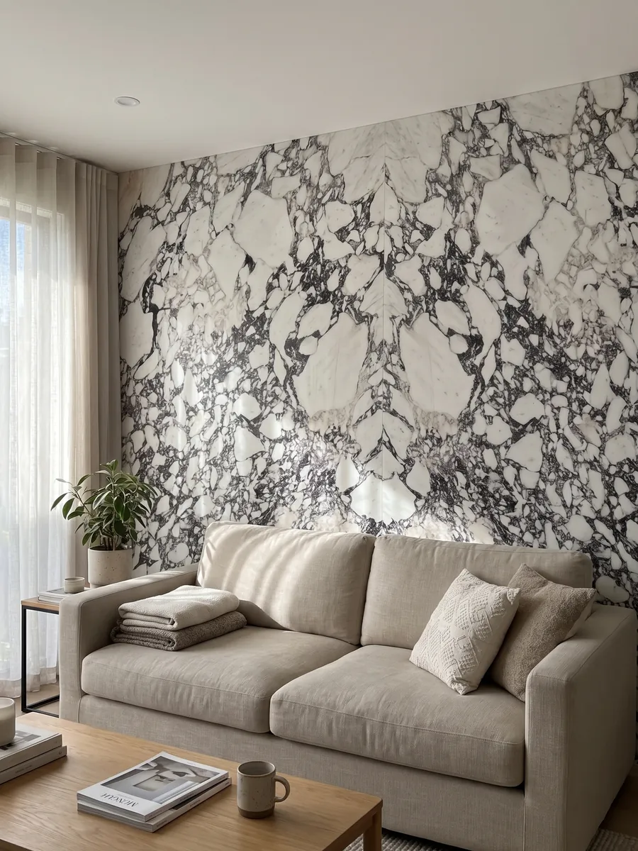 Pared de sala revestida con placas de mármol blanco Breccia Capraia abiertas en libro detrás de un sofá: fragmentos blancos rodeados de una red densa gris oscura con matices violáceos