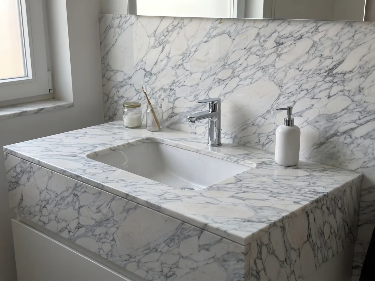 Cubierta de lavabo y pared de baño en mármol blanco Breccia di Serravezza con lavamanos blanco y grifería cromada: fragmentos blancos con red fina gris azulada repartida por toda la placa