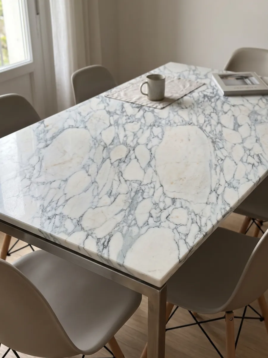 Mesa de comedor con cubierta de mármol blanco Breccia di Serravezza sobre base de acero: fragmentos blancos con red fina gris azulada repartida por toda la placa