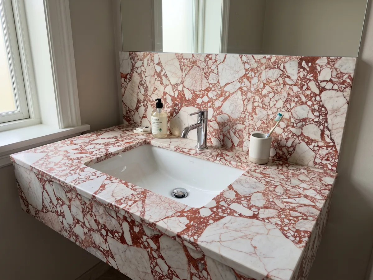 Cubierta de lavabo y pared de baño en mármol blanco Calacatta Antique con lavamanos blanco y grifería cromada: fragmentos blancos angulosos unidos por una matriz roja coral intensa