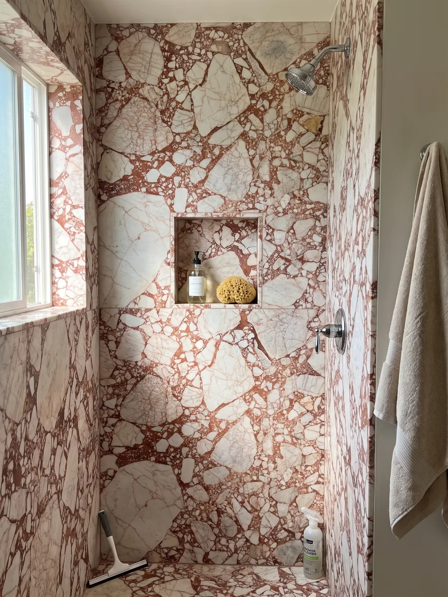 Ducha revestida con placas enteras de mármol blanco Calacatta Antique con nicho empotrado: fragmentos blancos angulosos unidos por una matriz roja coral intensa