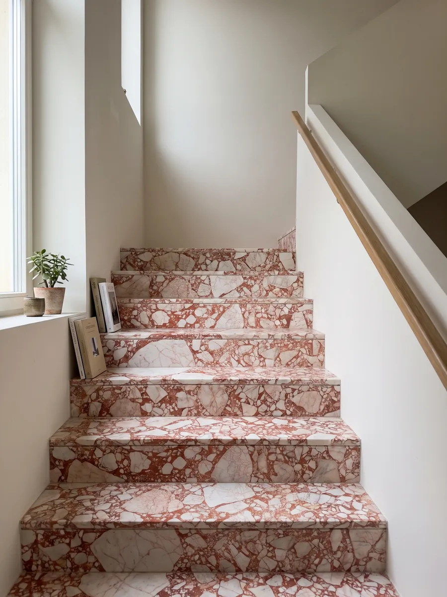 Escalera interior con peldaños de mármol blanco Calacatta Antique con pasamanos: fragmentos blancos angulosos unidos por una matriz roja coral intensa