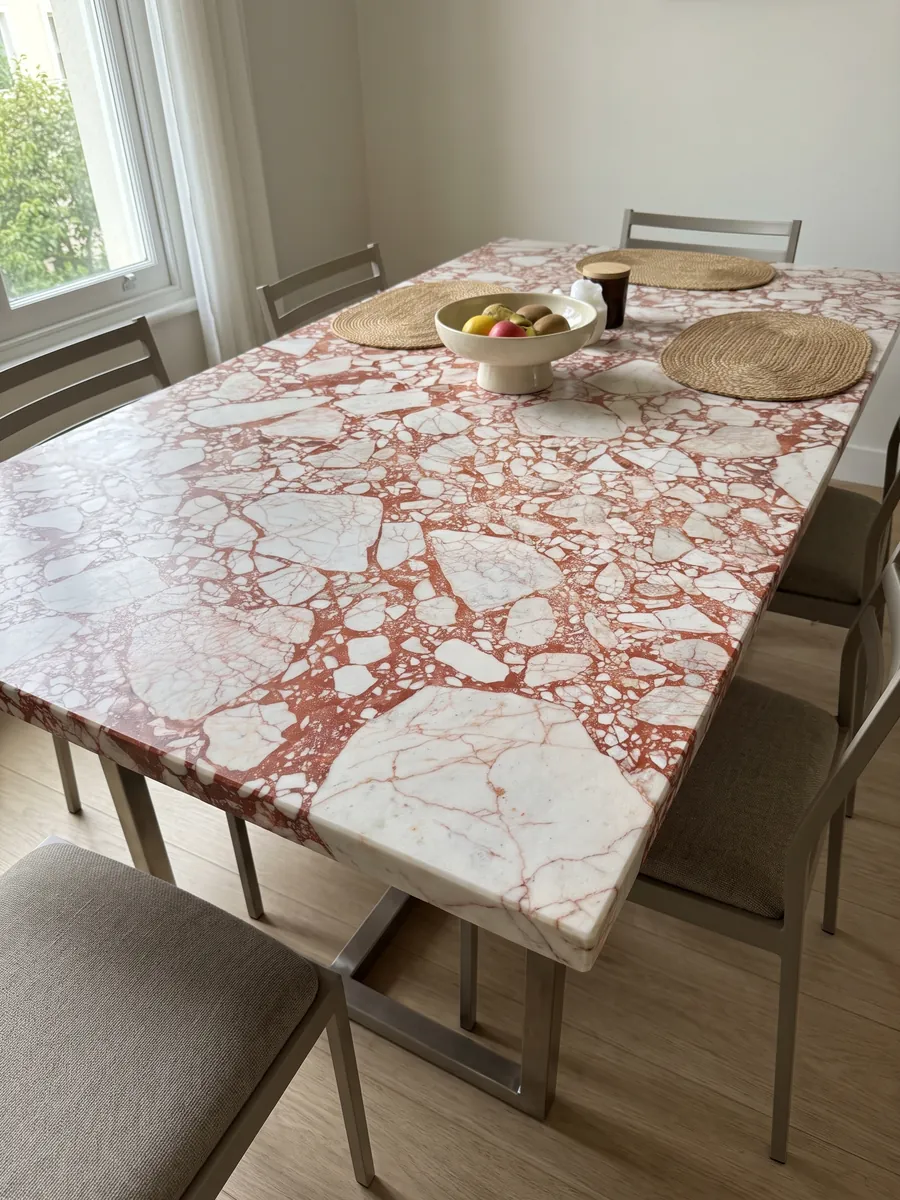 Mesa de comedor con cubierta de mármol blanco Calacatta Antique sobre base de acero: fragmentos blancos angulosos unidos por una matriz roja coral intensa