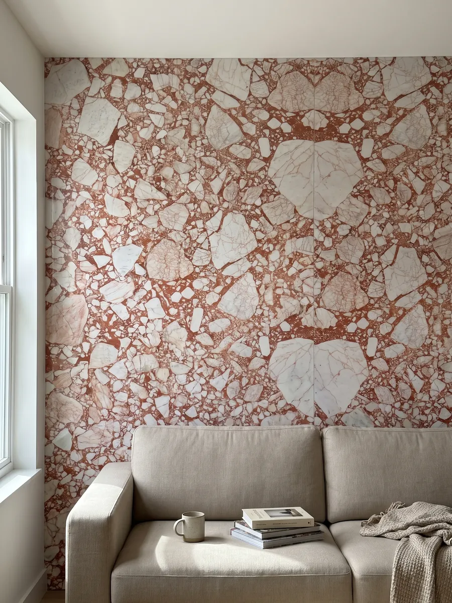 Pared de sala revestida con placas de mármol blanco Calacatta Antique abiertas en libro detrás de un sofá: fragmentos blancos angulosos unidos por una matriz roja coral intensa