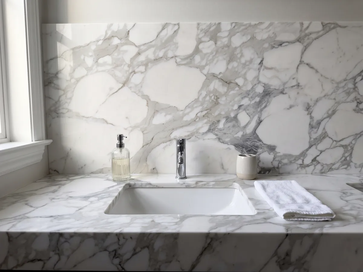 Cubierta de lavabo y pared de baño en mármol blanco Calacatta con lavamanos blanco y grifería cromada: grandes fragmentos blancos envueltos en vetas gris claro anchas y difusas