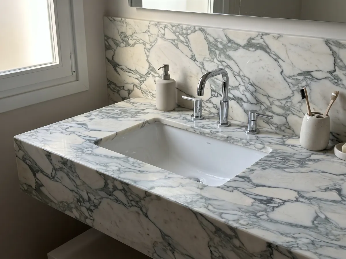 Cubierta de lavabo y pared de baño en mármol blanco Calacatta Caldia con lavamanos blanco y grifería cromada: fragmentos crema rodeados por una red de vetas gris verdoso