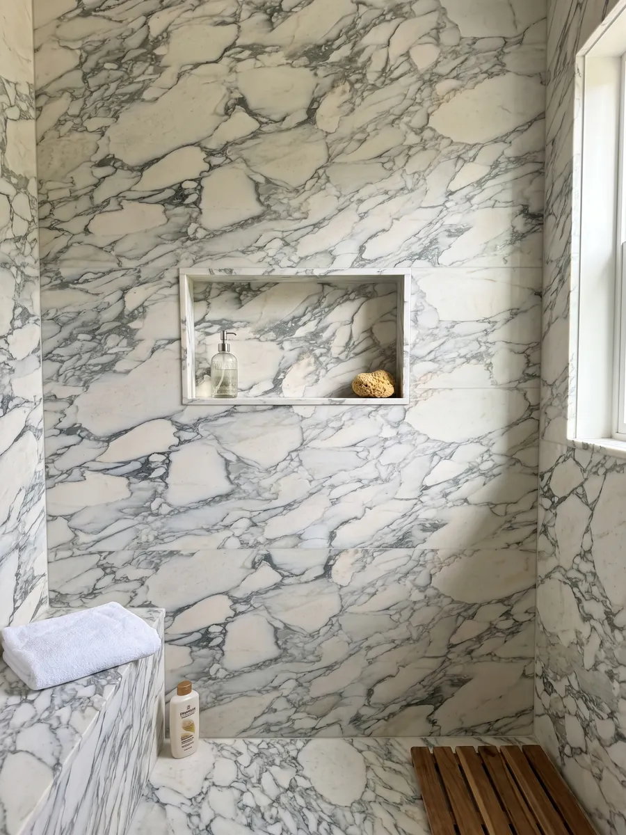 Ducha revestida con placas enteras de mármol blanco Calacatta Caldia con nicho empotrado: fragmentos crema rodeados por una red de vetas gris verdoso