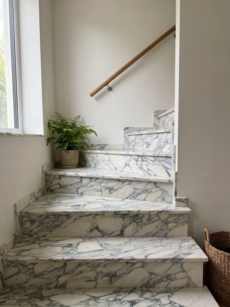 Escalera interior con peldaños de mármol blanco Calacatta Caldia con pasamanos: fragmentos crema rodeados por una red de vetas gris verdoso
