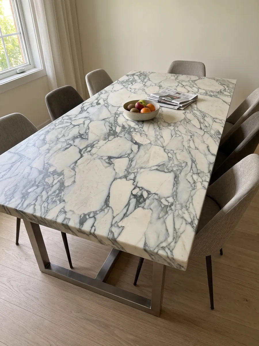 Mesa de comedor con cubierta de mármol blanco Calacatta Caldia sobre base de acero: fragmentos crema rodeados por una red de vetas gris verdoso