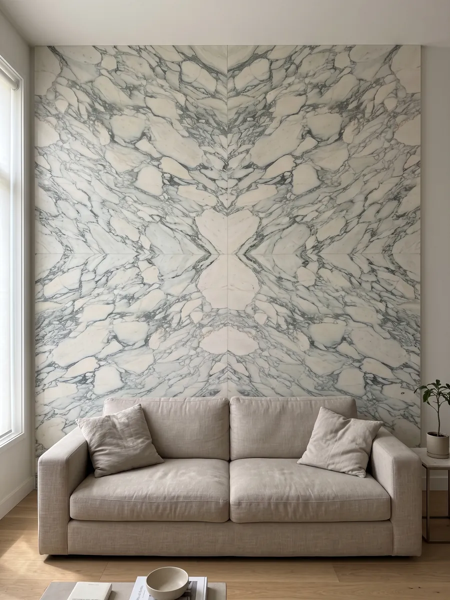 Pared de sala revestida con placas de mármol blanco Calacatta Caldia abiertas en libro detrás de un sofá: fragmentos crema rodeados por una red de vetas gris verdoso
