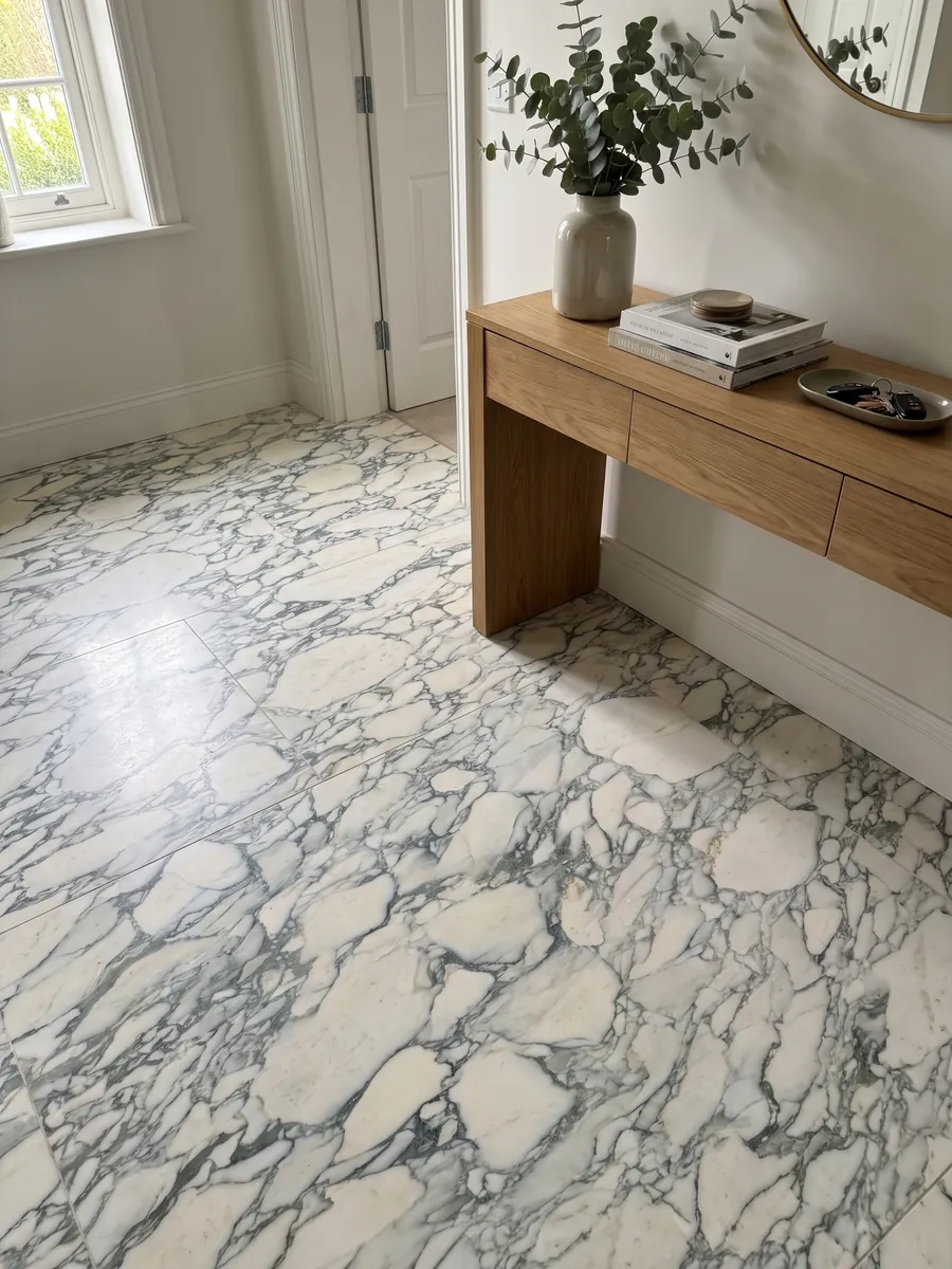 Piso de recibidor en placas grandes de mármol blanco Calacatta Caldia con luz natural: fragmentos crema rodeados por una red de vetas gris verdoso