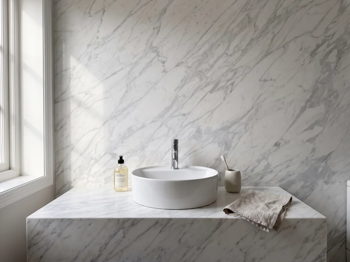 Cubierta de lavabo y pared de baño en mármol blanco Calacatta Classic con lavamanos blanco y grifería cromada: blanco con vetas gris claro finas en diagonal sobre toda la placa