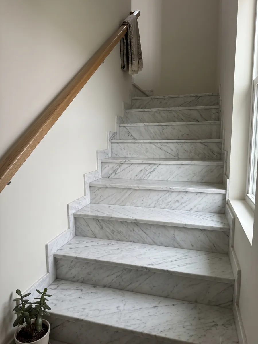 Escalera interior con peldaños de mármol blanco Calacatta Classic con pasamanos: blanco con vetas gris claro finas en diagonal sobre toda la placa