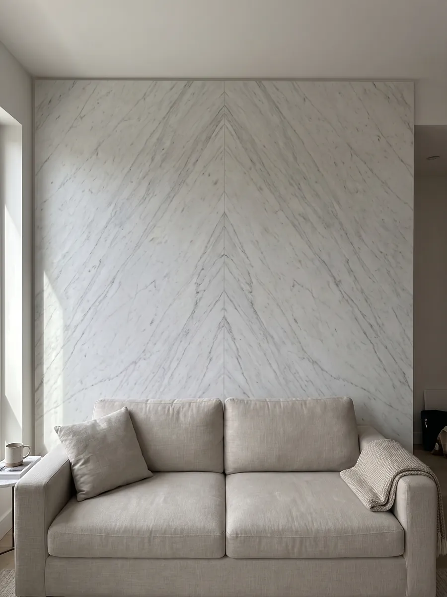 Pared de sala revestida con placas de mármol blanco Calacatta Classic abiertas en libro detrás de un sofá: blanco con vetas gris claro finas en diagonal sobre toda la placa