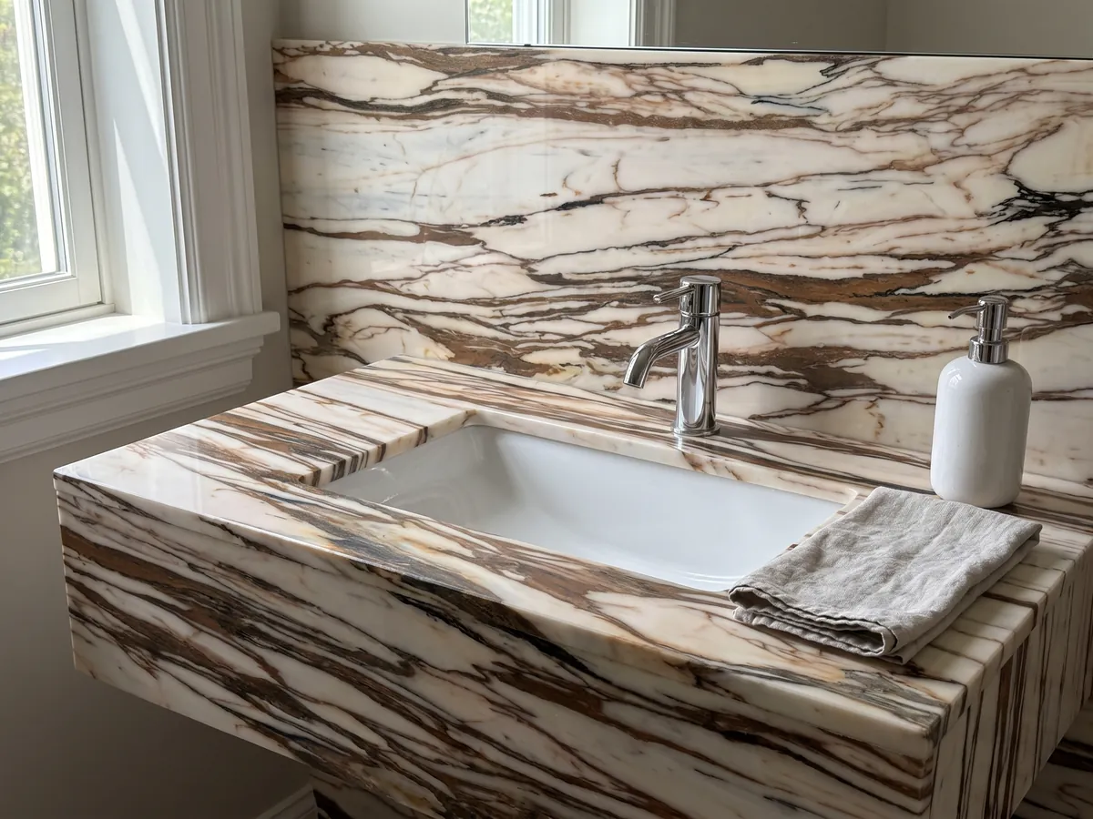 Cubierta de lavabo y pared de baño en mármol blanco Calacatta Copper con lavamanos blanco y grifería cromada: crema cruzado horizontalmente por vetas gruesas color cobre y marrón oscuro