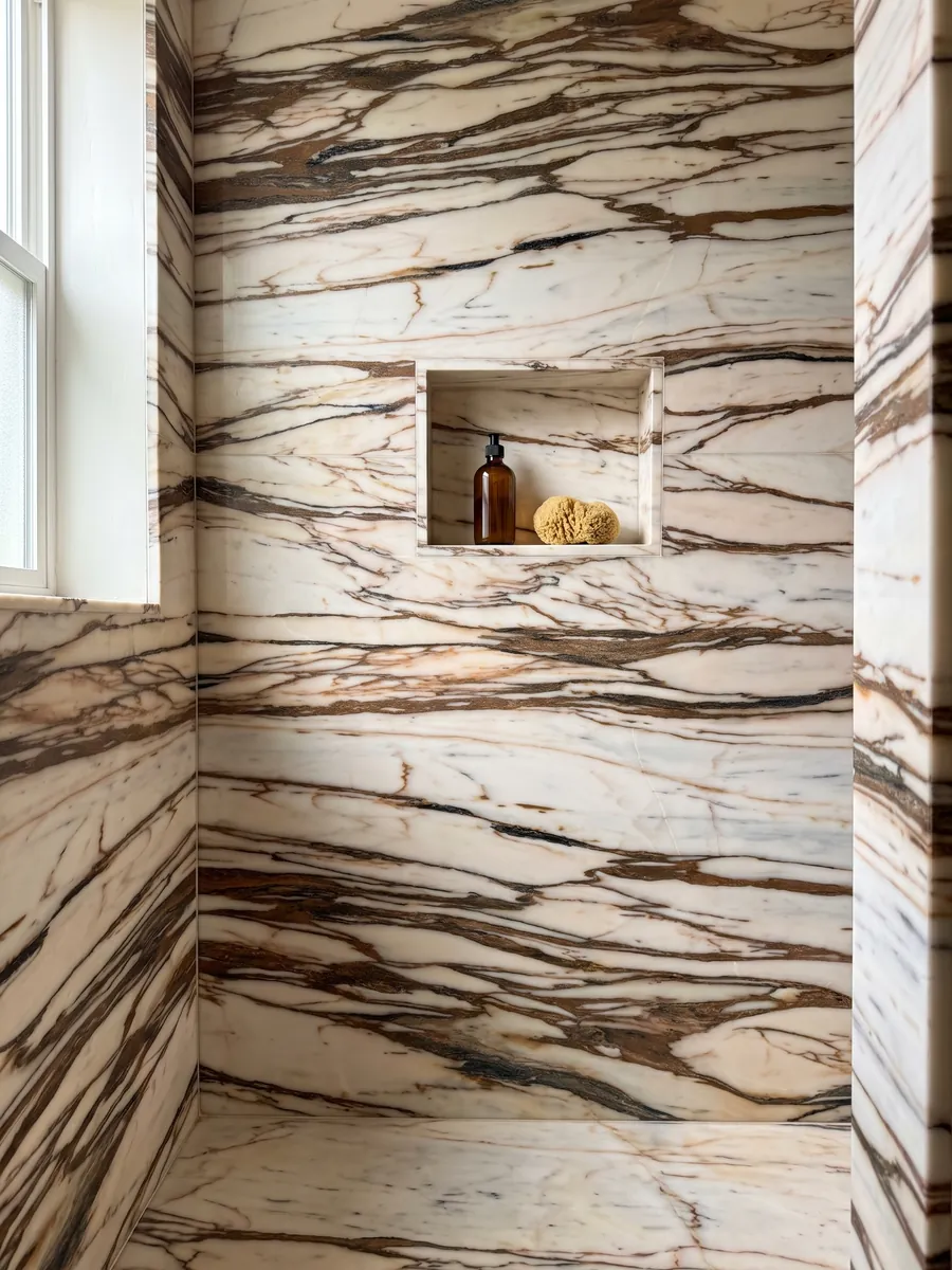 Ducha revestida con placas enteras de mármol blanco Calacatta Copper con nicho empotrado: crema cruzado horizontalmente por vetas gruesas color cobre y marrón oscuro