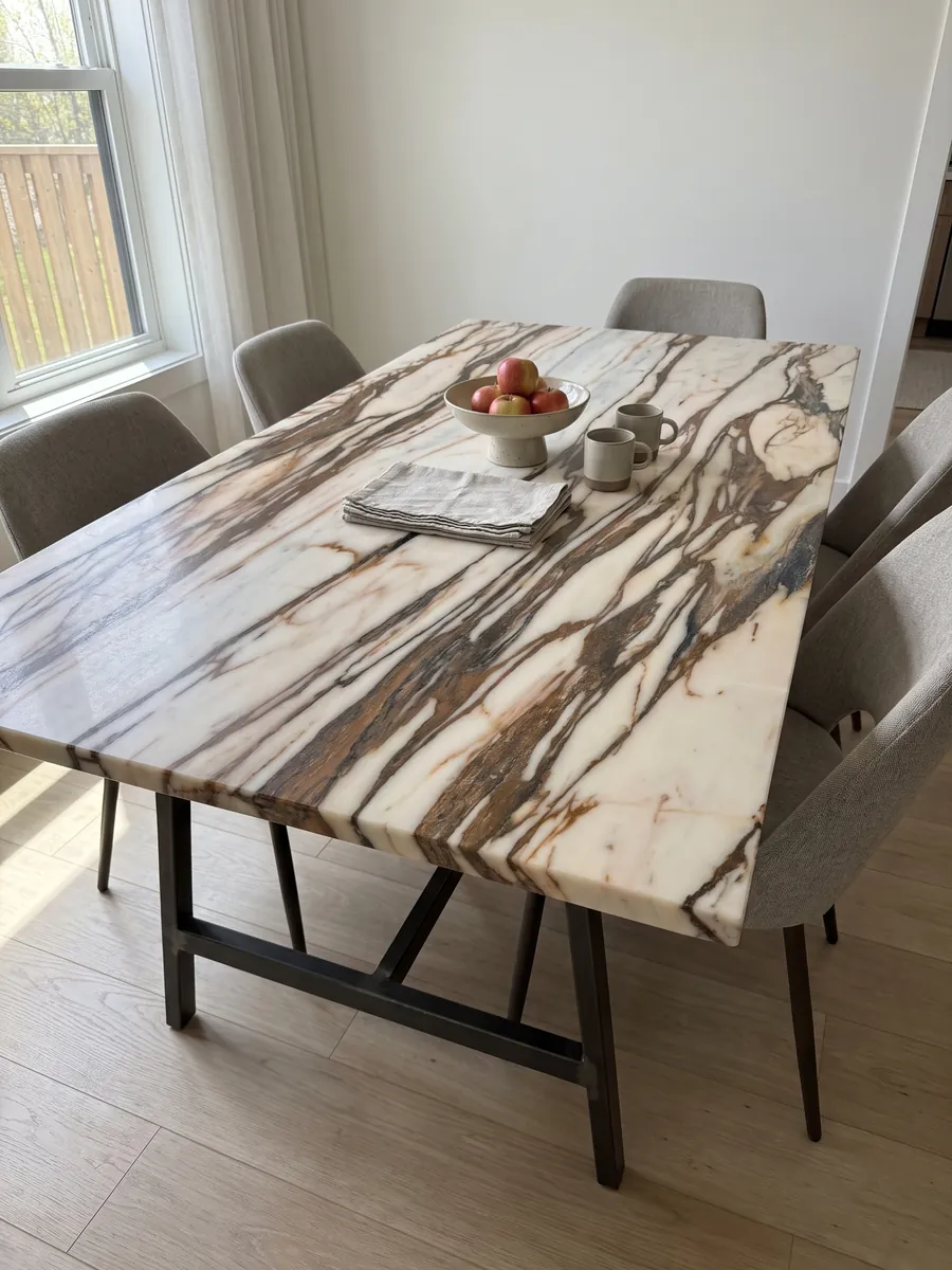 Mesa de comedor con cubierta de mármol blanco Calacatta Copper sobre base de acero: crema cruzado horizontalmente por vetas gruesas color cobre y marrón oscuro