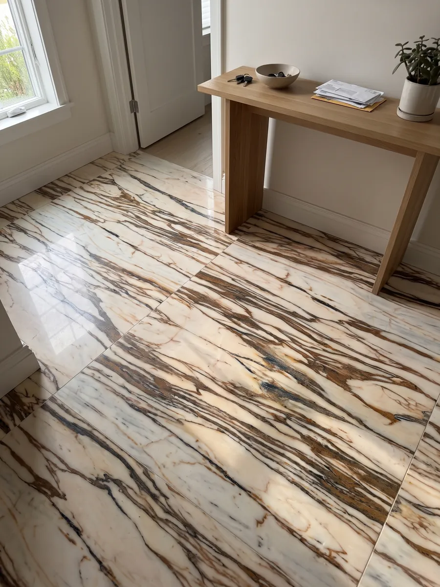 Piso de recibidor en placas grandes de mármol blanco Calacatta Copper con luz natural: crema cruzado horizontalmente por vetas gruesas color cobre y marrón oscuro