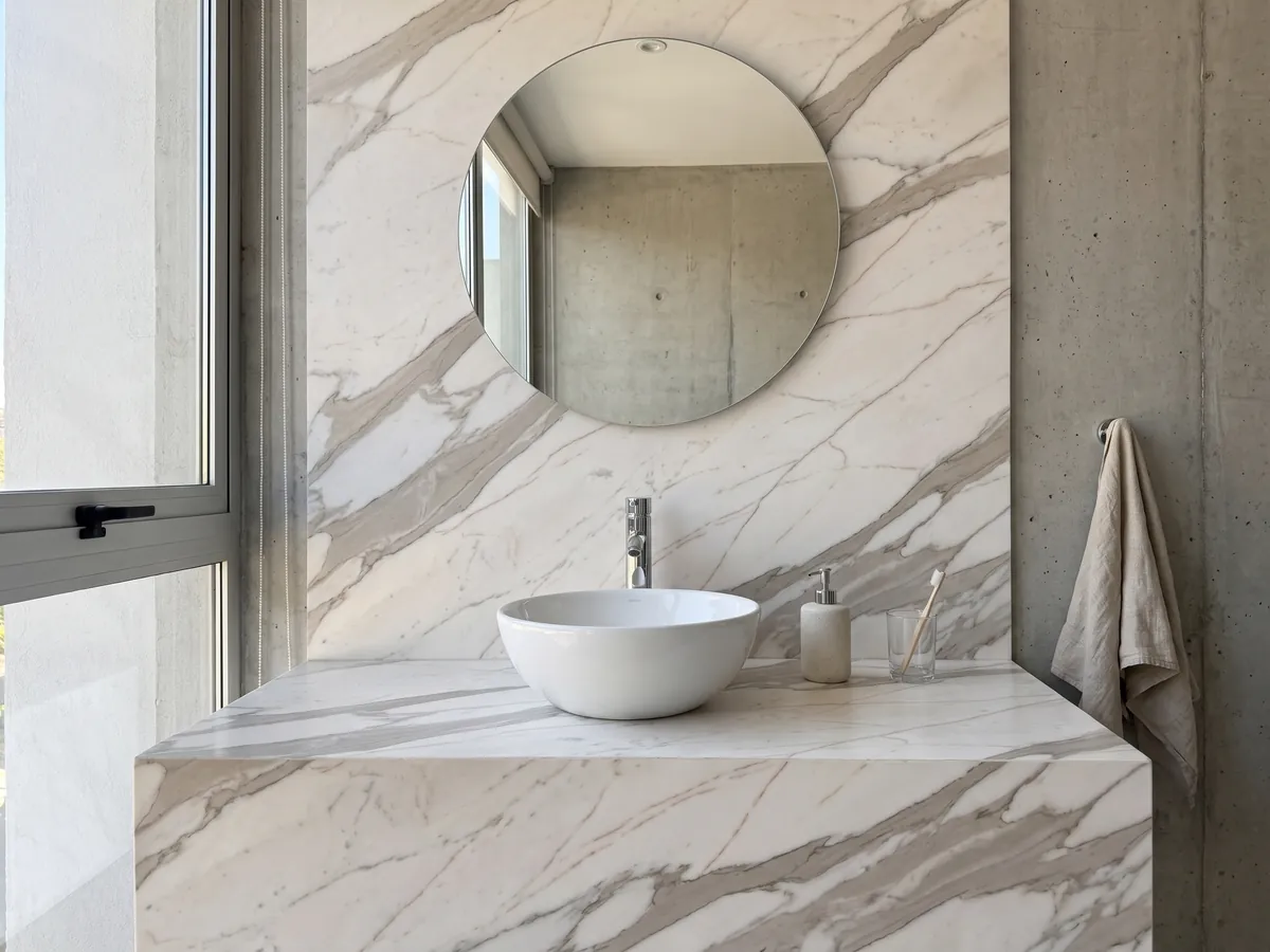 Cubierta de lavabo y pared de baño en mármol blanco Calacatta Cremo con lavamanos blanco y grifería cromada: blanco marfil con vetas anchas gris beige y líneas finas cobrizas