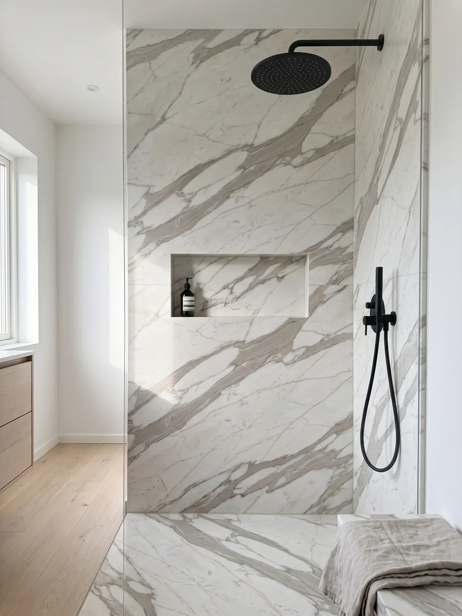 Ducha revestida con placas enteras de mármol blanco Calacatta Cremo con nicho empotrado: blanco marfil con vetas anchas gris beige y líneas finas cobrizas
